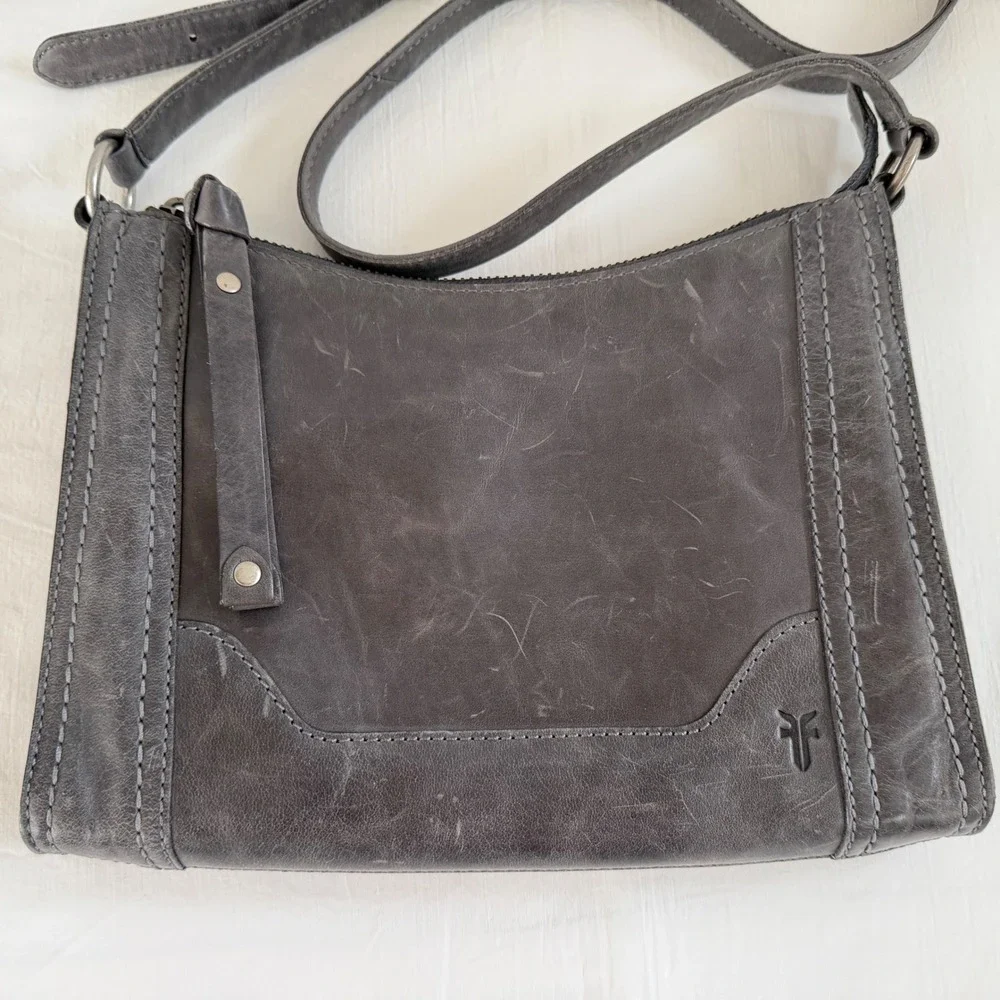 Frye MELISSA Crossbody Distressed Grey Carbon Adjustable Strap Zip Top